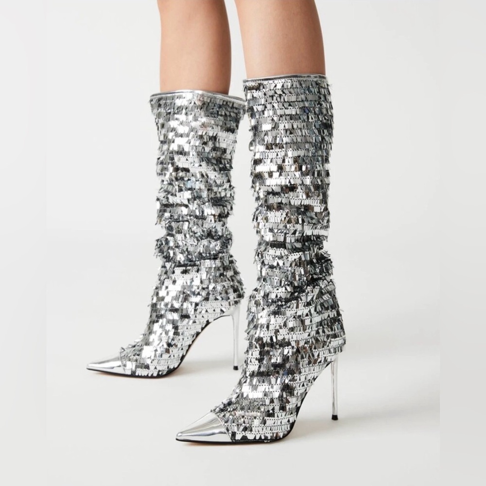 Steve Madden Panther Silver Sequin Knee High Stiletto Boots Glam Party
